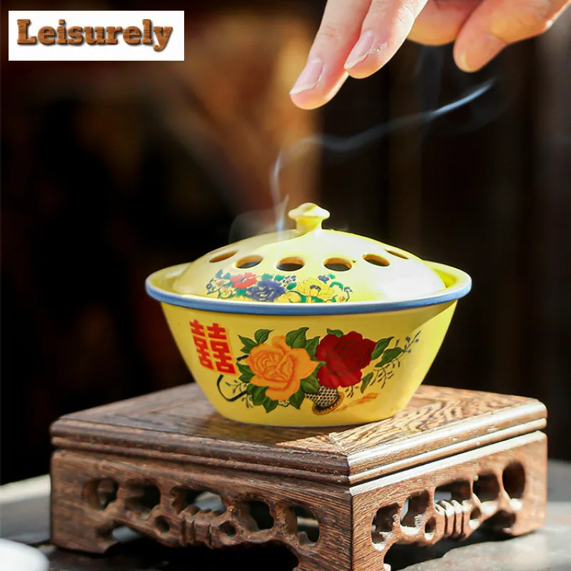 Enamel Double Happiness Plate Incense Holder Water Fountain Decoration Incense Burners Consecrate Censer Teaware Ornaments Craft