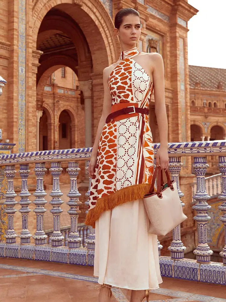 

Женское асимметричное платье средней длины, элегантное приталенное платье с геометрическим принтом и кисточками, с открытыми плечами и высокой талией, лето 2024