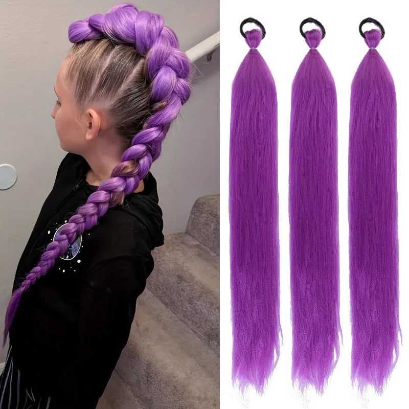 Synthetic 3 pieces/pack purple rubber band ponytail straight hair woman fluffy braided ponytail cosplay ponytail