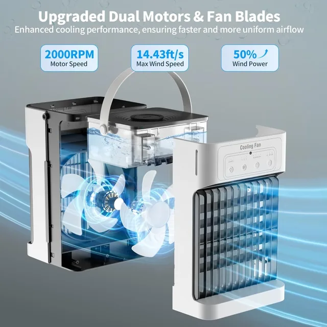 Portable air conditioner, dual motor and fan blade evaporative air cooler with remote control, 3-speed and 3-speed fog 2