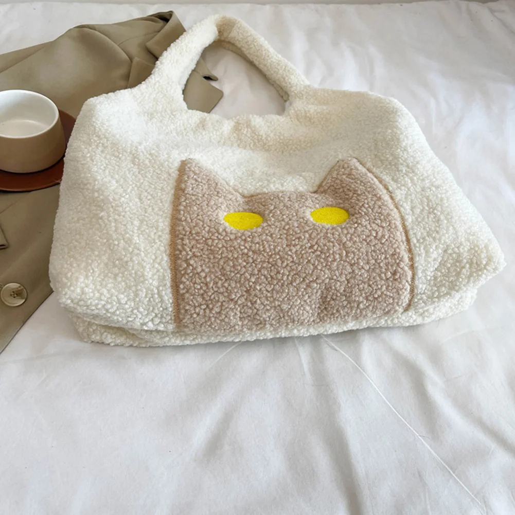 Lambs Wool Plush Tote Bag for Women Cute Cat Shoulder Bag