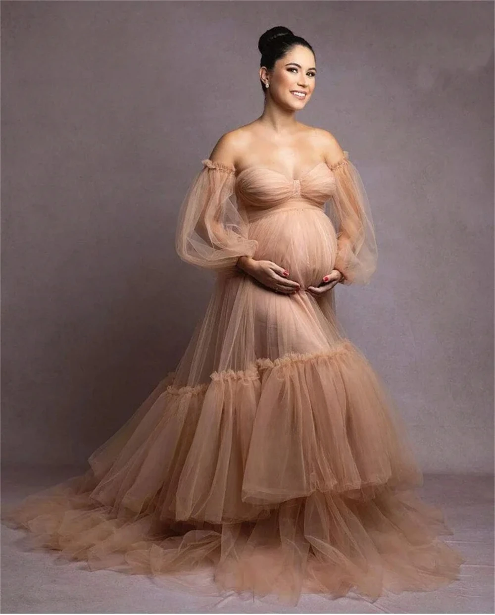 

ILoveWedding Elegant Khaki Tulle Maternity Dresses for Photo Shoot Illusion Ruffled Tiered Pregnant Gown Photography Baby Shower