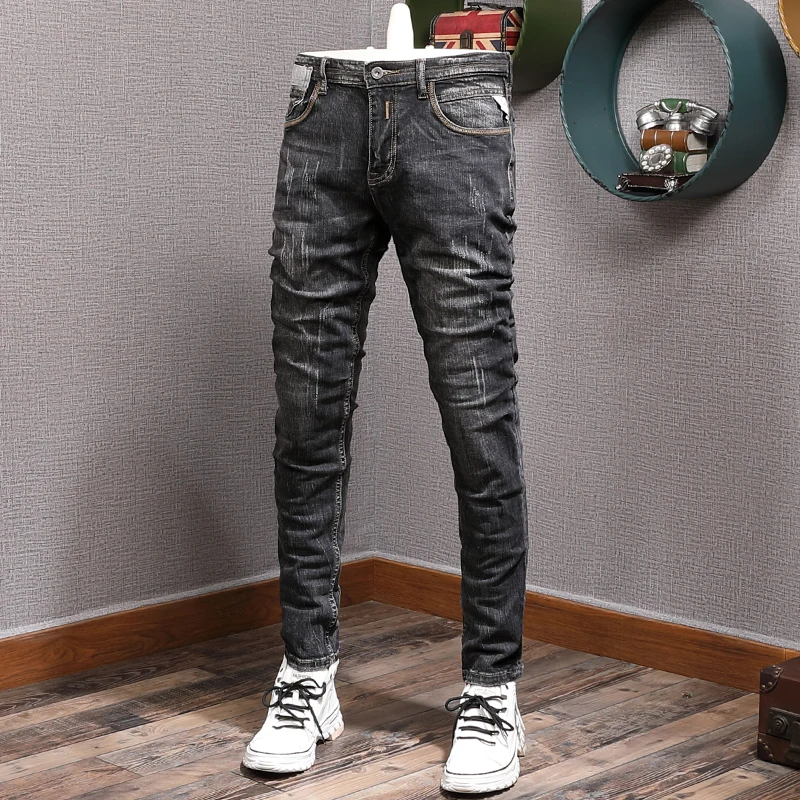 italian style fashion men jeans retro distressed elastic slim fit ripped jeans men scratch vintage designer casual denim pants Italian Style Fashion Men Jeans Retro Black Gray Elastic Slim Fit Ripped Jeans Men Vintage Designer Casual Denim Pants Hombre