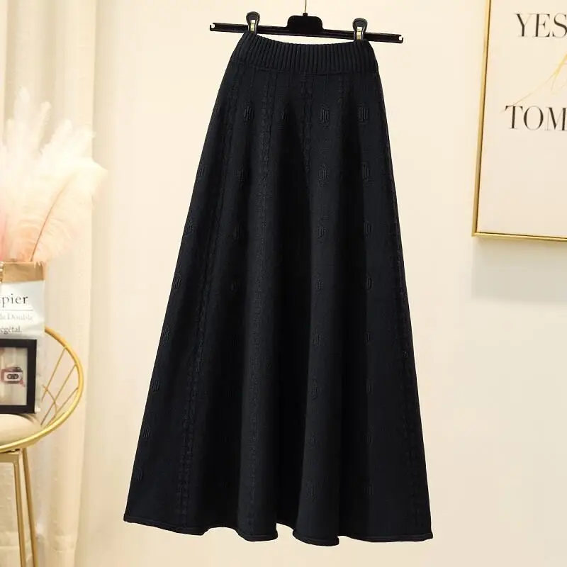

Autumn and Winter Women's Solid Jacquard Knitted Midi High Waist A-Line Slim Plus Size Elastic All Match Fashion Elegant Skirt
