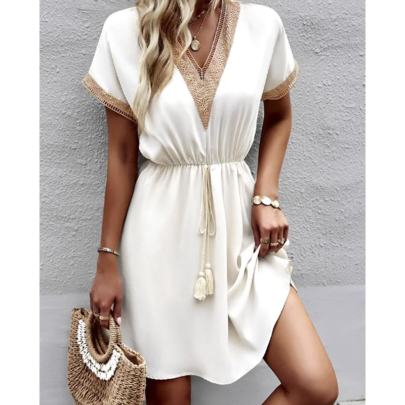 

Women Elegant Lace Up Dress Beach Dresses V Neck Solid Color Lace Patchwork Short Sleeve Fashion Casual Summer Loose Sexy Tassel