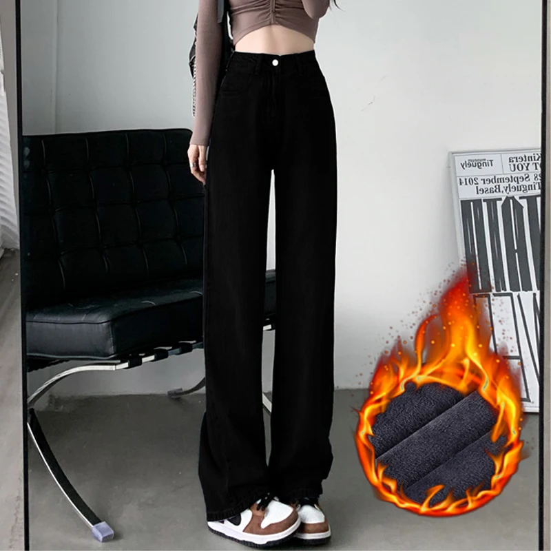 BlackStraightFleecelinedJeansWomen2023AutumnandWinterNewPlus