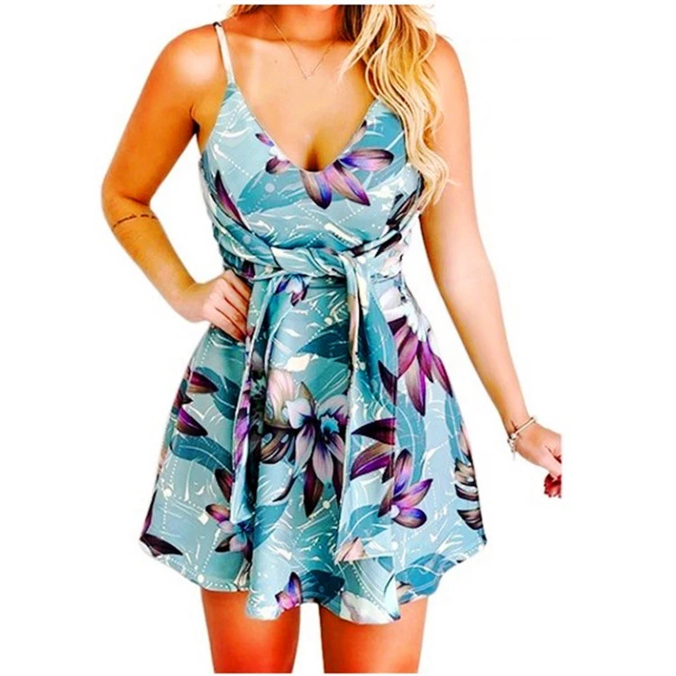 

Dresses Women Summer 2023 New Sexy Fashion V-neck Dress Halter Sleeveless Backless Lace-up Print Dress Female