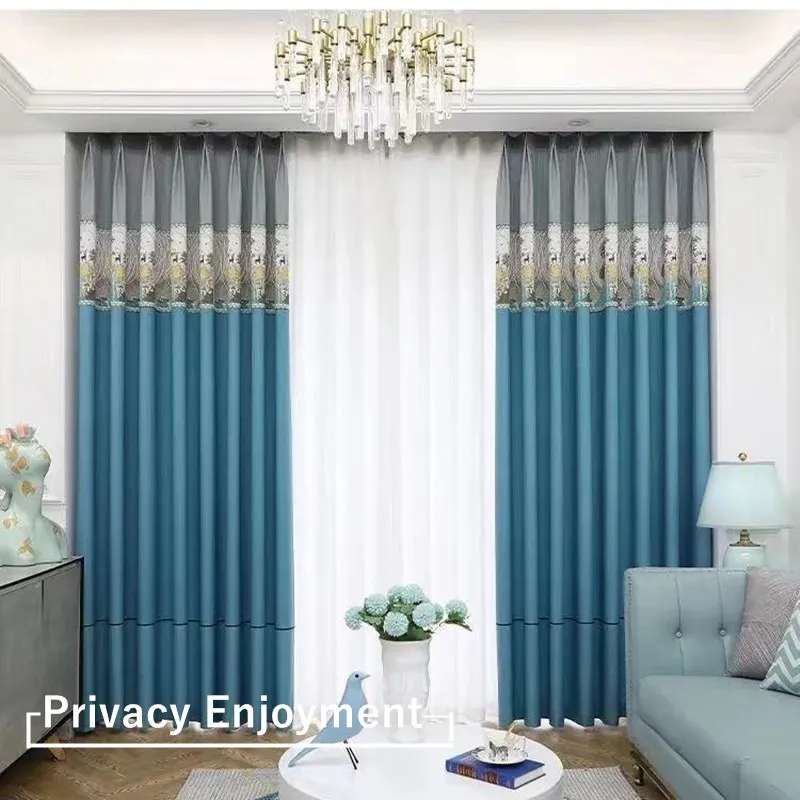 European Living Room Window Curtains Elegant Grey Blue Stitching Design