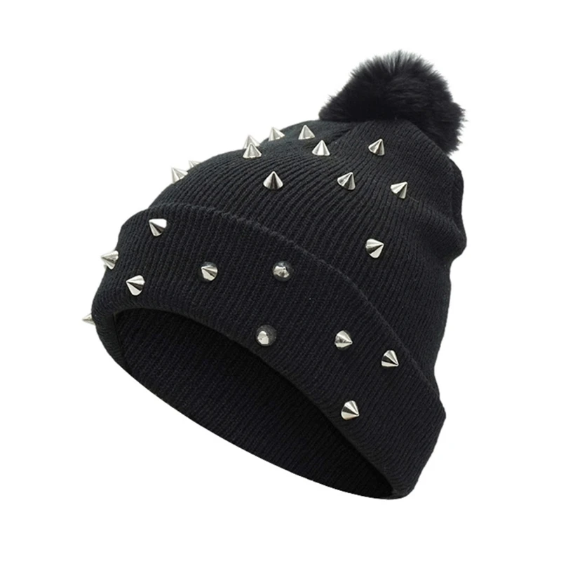 

Soft Black Warm Punk Beanie Hat Knitted Acrylic Winter for Women and Girls