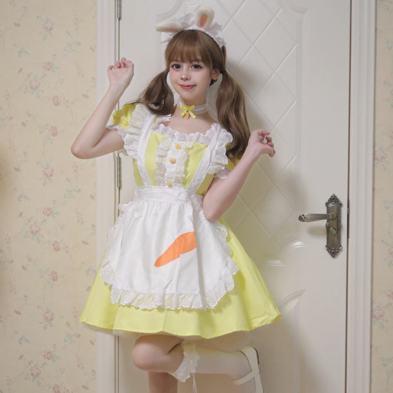 New Cosplay Yellow Color Maid Dress with Apron Coffee Servant Dress Up Square Neck Anime Lolita Cosplay Costume Women Uniform