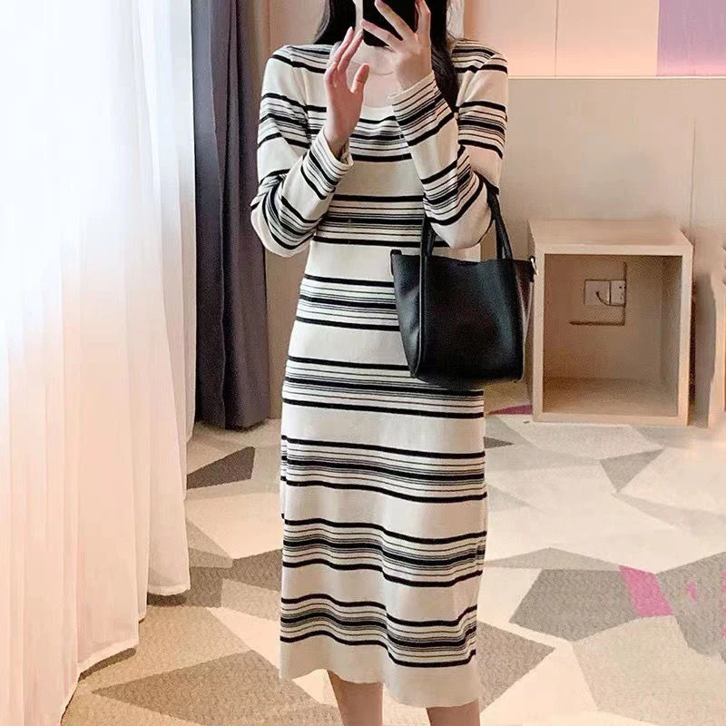 

Vintage Long Sleeve Crew Neck Striped Print Causal Mid Long Dresses For Women