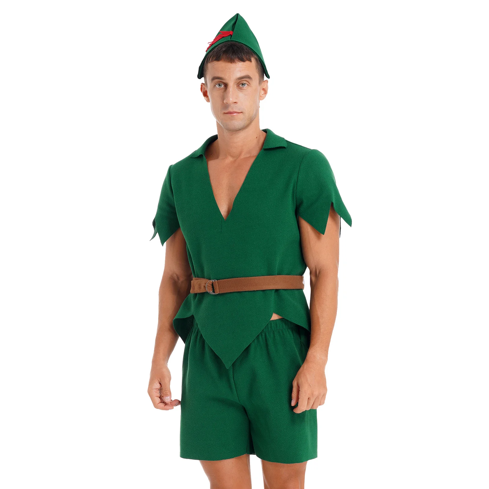 

Adult Mens Christmas Elf Costume Halloween Carnival Theme Party Cosplay Outfit Felt Short Sleeve Jagged Tops+Shorts+Belt+Hat Set