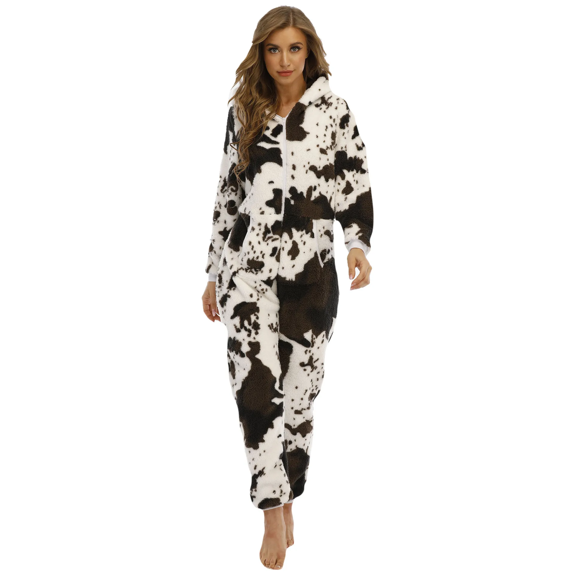 Winter Warm Cow Print Pyjamas Women Onesies Flannel Sleepwear Size XXL Hood Sets Pajamas For Women Adult