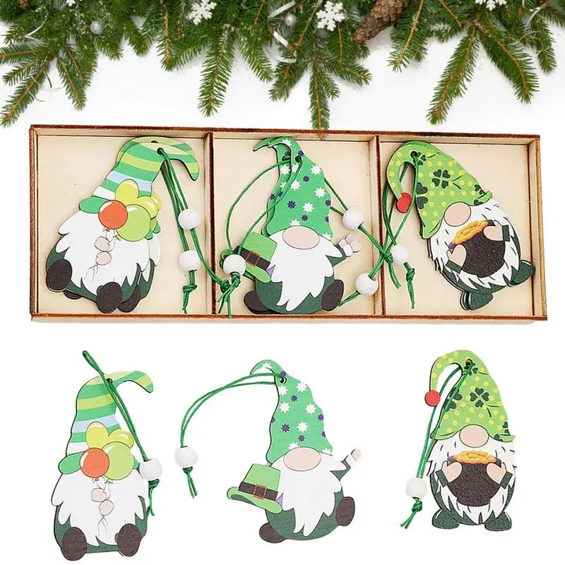 

9pcs Wooden Pendant Tree Decor Gnome Wood Ornaments With Ropes For St. Patrick's Day Home Decoration