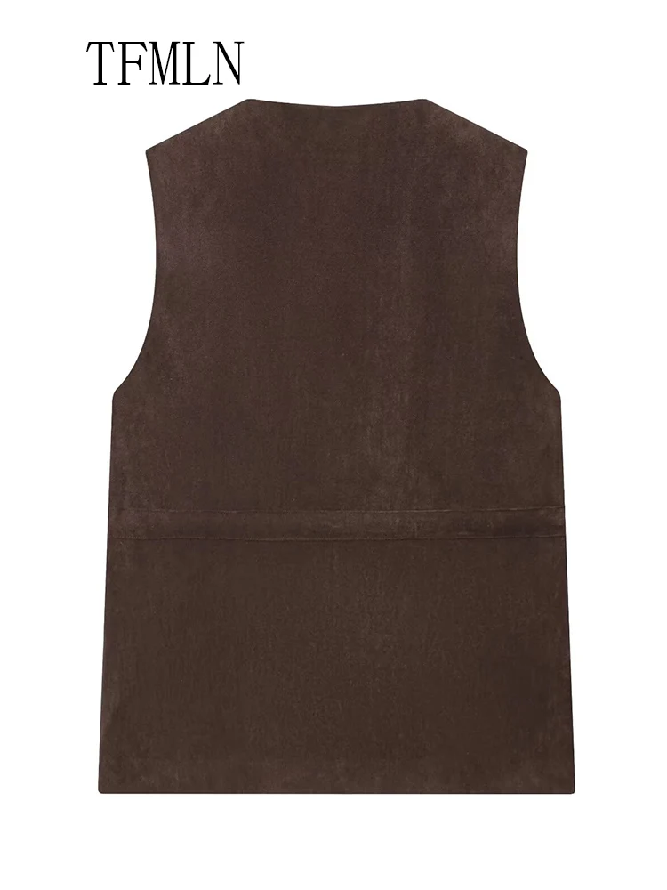 Causal Women Zipper Vest Coats 2025 Autumn Fashion V-neck Sleeveless Drawstring Chic Streetwear Vintage Pockets Solid Jackets