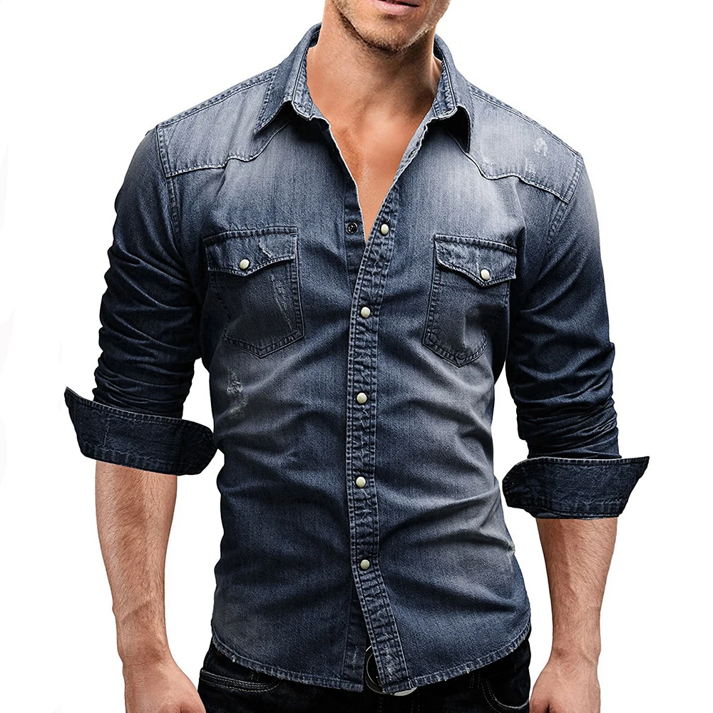 Men Autumn Denim Shirt Short Sleeve Soft Cotton Two Pockets Slim Slight Elastic Cowboy Shirt