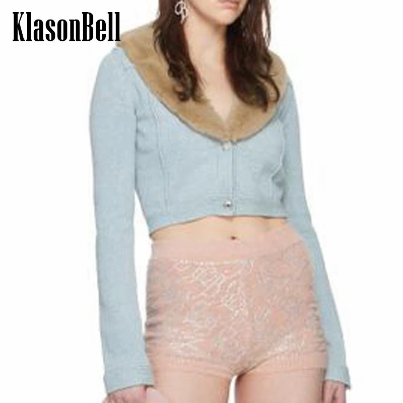 

1.5 KlasonBell Fashion Big Fur Collar Detachable Design Long Sleeve Sexy Crop Knitted Cardigan Women Clothes