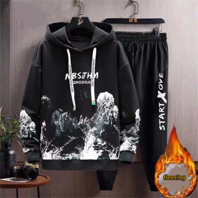 Autumn and Winter Fleece Hoodie Suit for Men Korean Version of the Trend Loose Casual Hooded Coat Corset Trousers Sports Suit