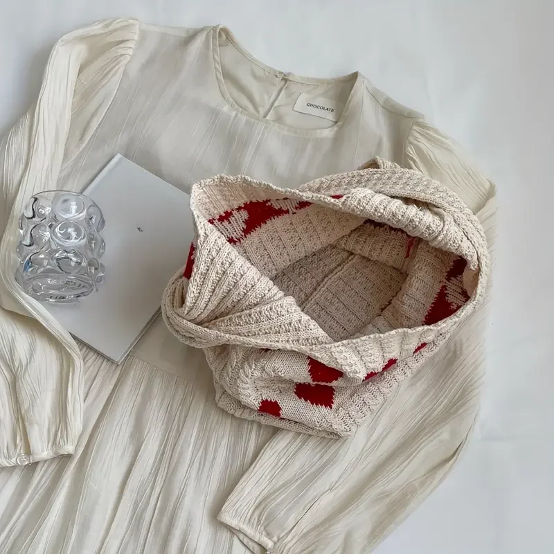 Large Capacity Knitted Bag Women's Summer Handmade Woolen Crochet Handbag Heart Pattern Tote Bags Bag Love Shoulder Purse