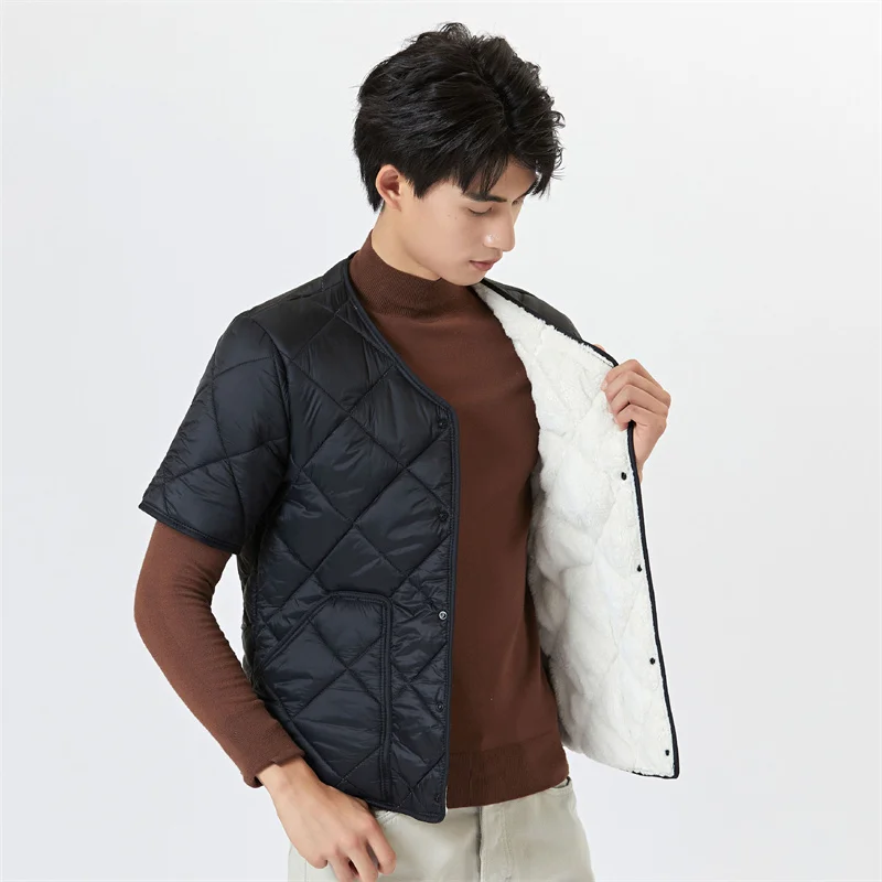 Winter Men's Cotton Jacket Short Sleeve Plush Warm Home Cotton Clothes Solid Color Loose Fitting Cardigan Comfortable Tank Top