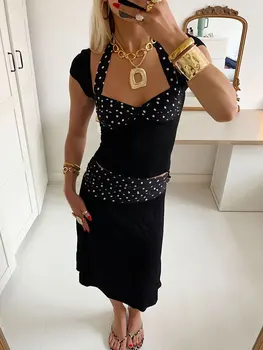 Tossy Patchwork Fashion 2 Piece-Set MIni Skirt For Women Lace-Up Contrast Backless Cropped Top And High Waist Skirt Sets Female 1