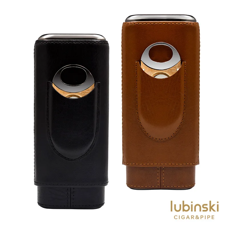 

LUBINSKI Portable Leather Travel Cigar Case Holder Cedar Wood Lined Cigar Humidor 3 Count With Cutter Gift For Cohiba Cigars