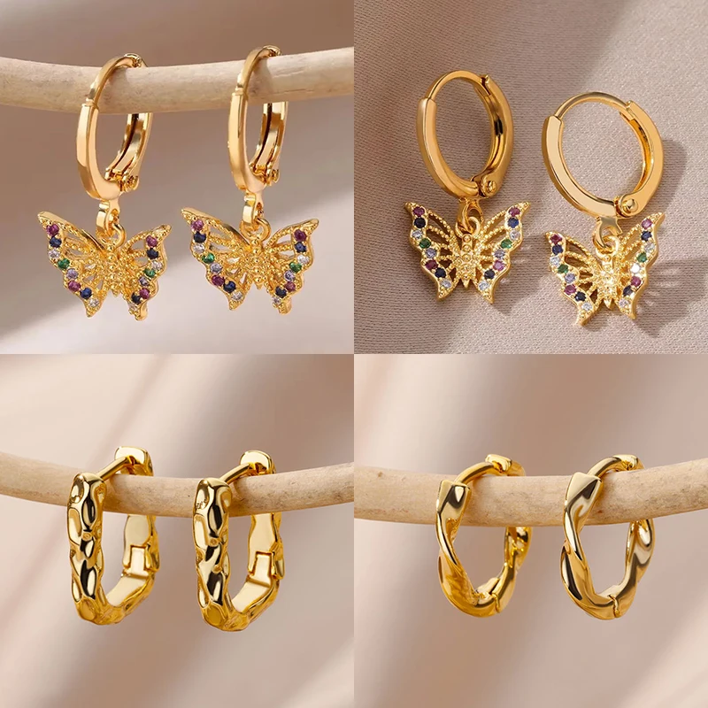 Zircon Butterfly Earrings For Women Stainless Steel Gold Color