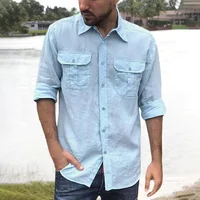 Chemise en coton et lin pour hommes, manches longues, couleur unie, hauts décontractés, revers, Double poche, chemise classique, vêtements tendance pour hommes 4