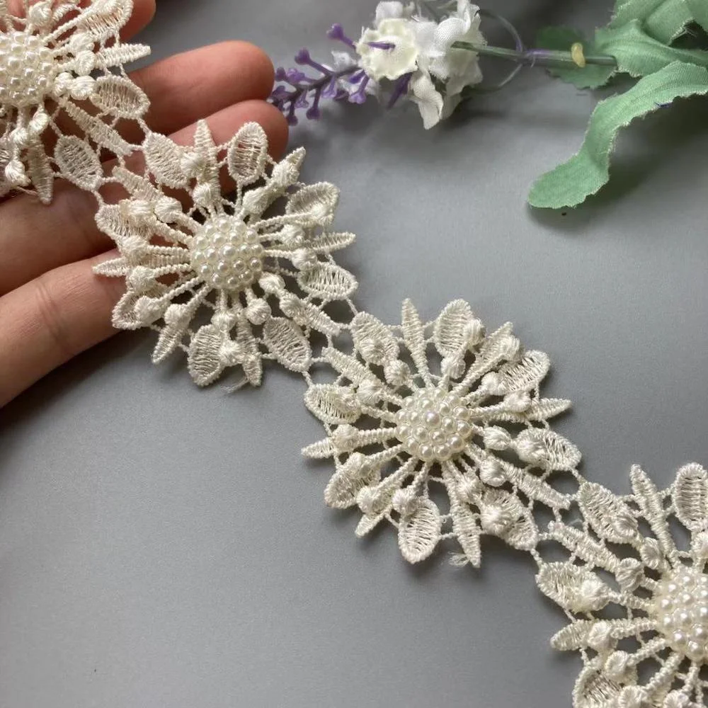 

20X Ivory Pearl Flower Leaf Handmade Beaded Embroidered Lace Snowflak Trim Ribbon Applique Wedding Dress Sewing Craft 5 X 5cm