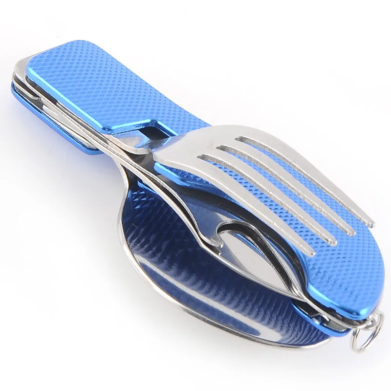 Portable tableware Stainless Steel 4-In-1 Foldable Tablespoon Set Spoon Knife Fork Bottle Opener Folding Pocket Kits Outdoor Tableware Set