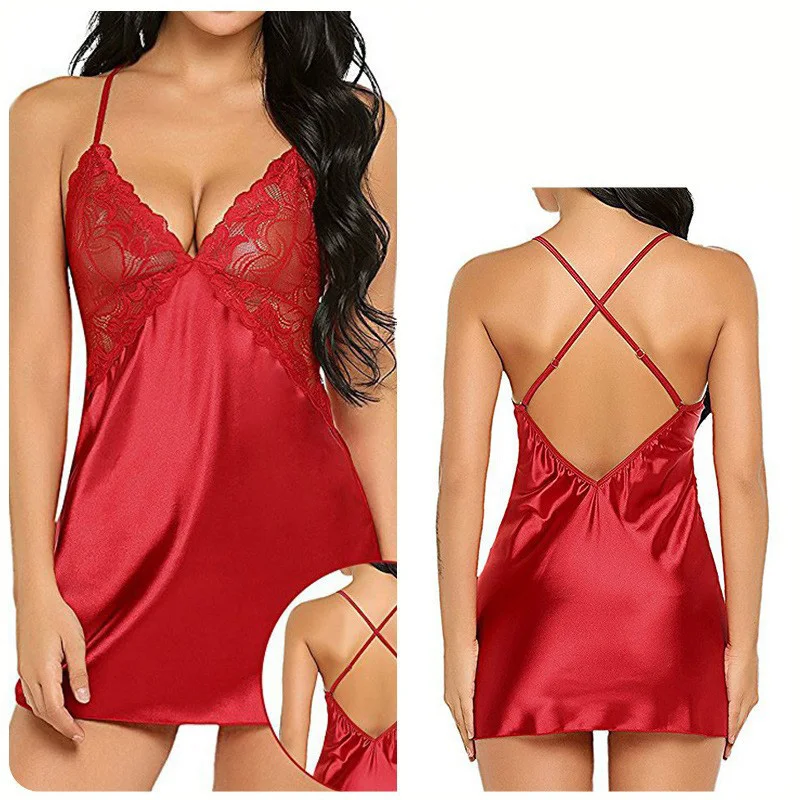 2025 New Sexy Lingerie Women's V Neck Nightwear Satin Sleepwear Lace Nightdress And Panty Pijamas Sets Female Sexy Nighty