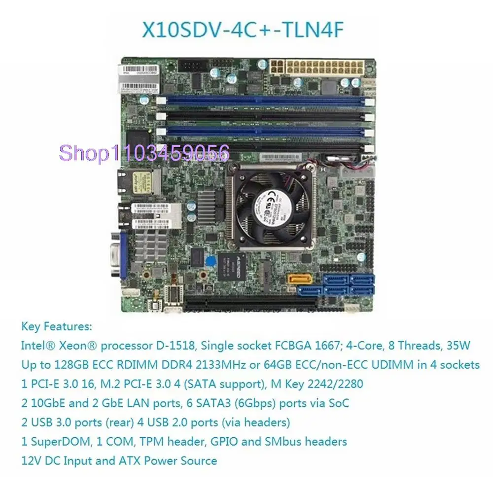 슈퍼 마이크로 X10SDV-4C +-TLN4F 용 제온 프로세서 D-1518, 단일 소켓, FCBGA 1667 Mini-ITX DDR4-2133MHz, 4 * SATA3 (6Gbps) 포트, 신제품