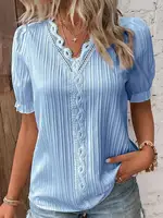 Chemisier élégant à manches courtes pour femme, chemise col en V, patchwork de dentelle, été 5