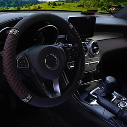 Three - Dimensional Leather Embroidered Steering Wheel Cover with Colorful Diamond Accents and Breathable Design (Black Red)