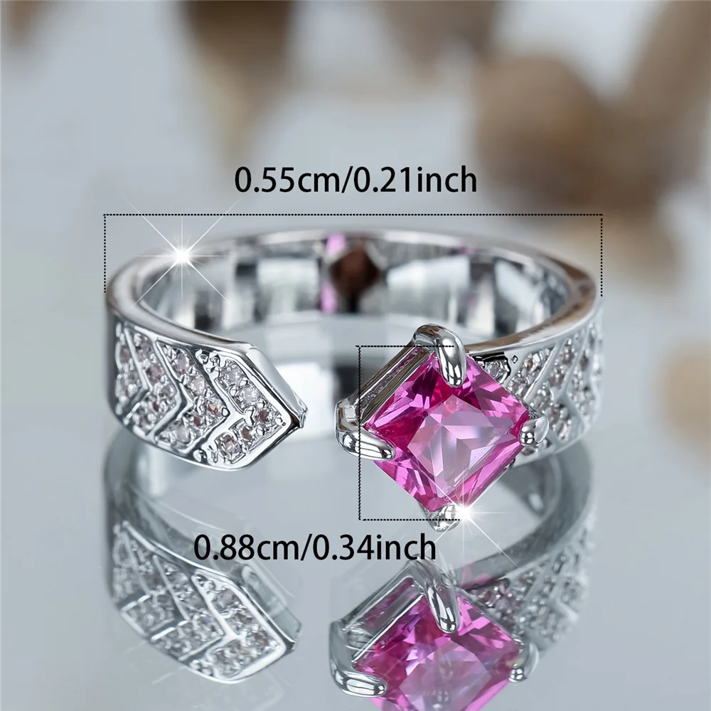 Charm Female Rose Red Square Stone Adjustable Open Ring Silver Color Cute Gift Wedding Jewelry For Women