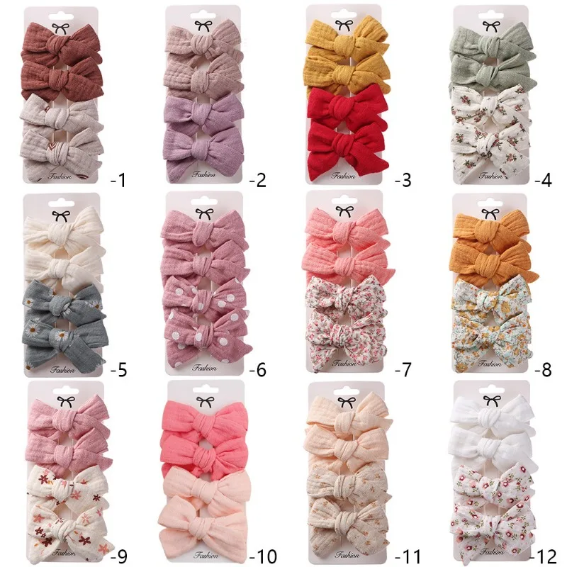 4Pcs/Set Baby Bows Hair Clips Girls Hairpins Cotton Linen Barrette Flower Print Side Pin Accessories hair accessories