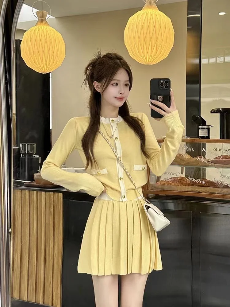 2 Piece Set Women Single Breasted Top + Solid Mini Pleated