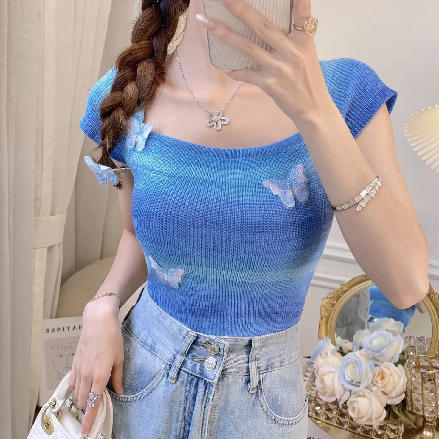 Women Summer Striped Cropped Sweater