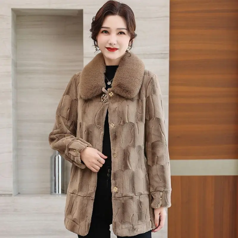 Elegance Imitation Mink Fur Coat for Middle-Aged Women, High-End Thicken Warm Loose Outcoat, Mid-Length Fashion Casual Outwear