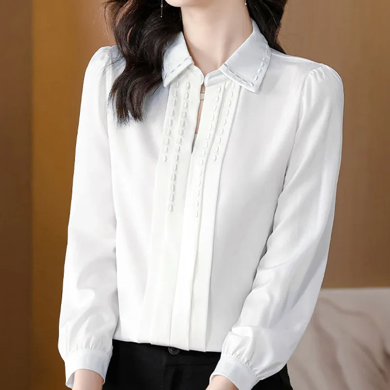 Simplicity Fashion Polo-Neck Solid Color Blouse Office Lady 2023 Spring Elegant Chic Spliced Long Sleeve Shirt Women's Clothing