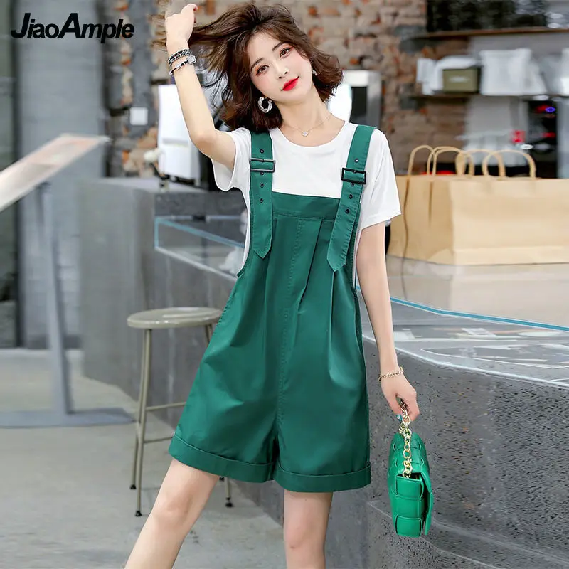 2022 Summer New T-shirt Overalls Two-piece Women's Thin Loose Tops Shorts Suits Korean Fashion Elegant Clothes Pants Set autumn y2k retro loose drawstring elastic waist thin multi pocket overalls straight wide leg jeans women new summer tide trouser