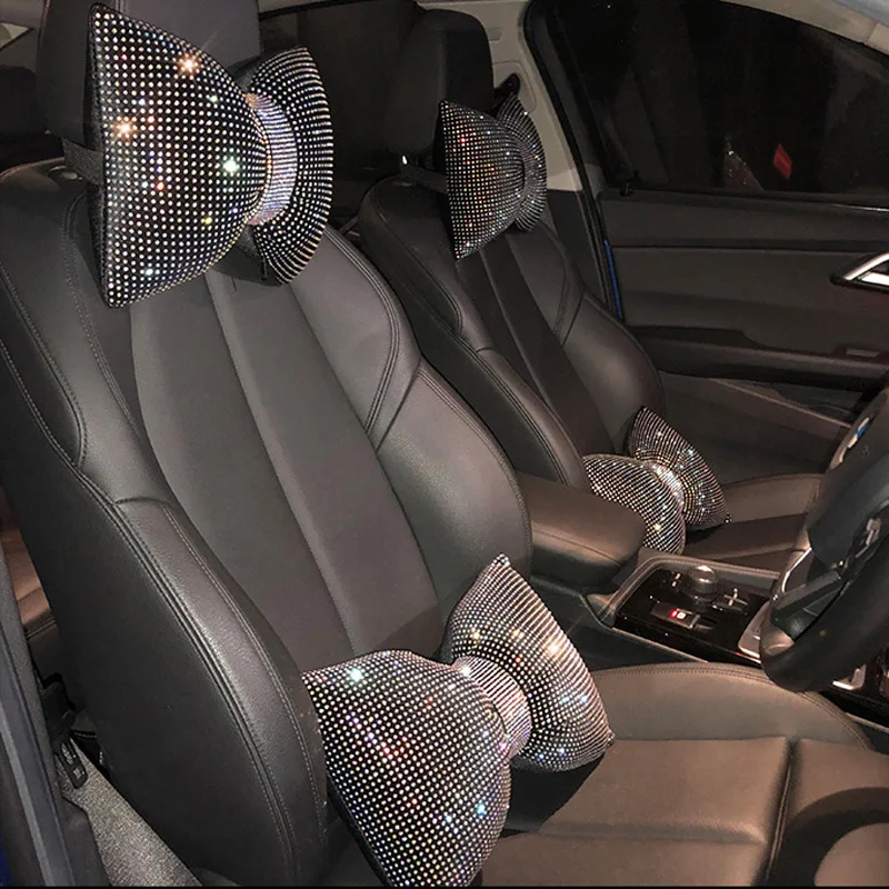Almohada de cuello de coche con diamantes de imitación para mujer, reposacabezas automático, soporte de asiento, almohadas de cintura, accesorios de coche ostentosos, 1 unidad