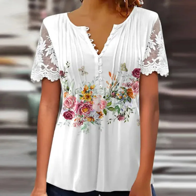 

Women 2023 Spring Flower Print Blouse Shirts Sexy V Neck Buttoned Tunic Tops Summer Embroidery Short Sleeve Lace Blouses Mujer