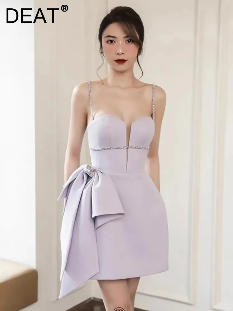 

DEAT Women's Fashion Dress Camisole Sleeveless High Waist Splicing Water Drill Bow Mini Party Dresses Summer 2023 New 13DB3263