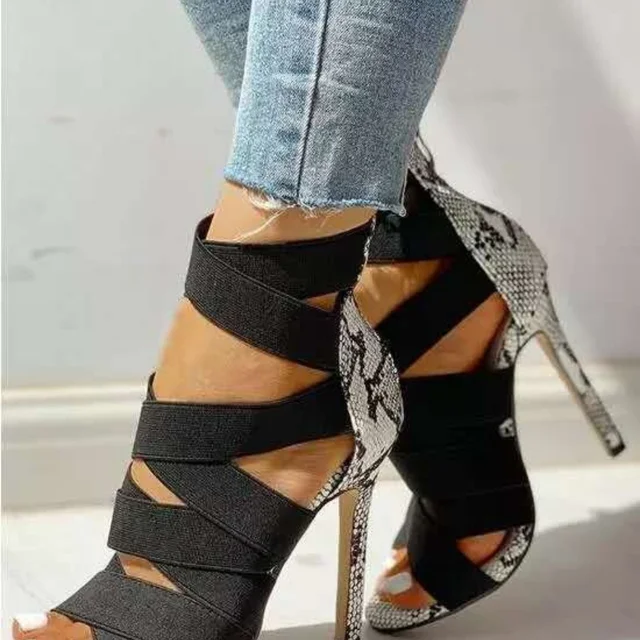 Женские босоножки на высоком каблуке, сандалии из искусственной кожи с круглым носком, дышащие боковые туфли с вырезами на очень высоком каблуке средней высоты 1
