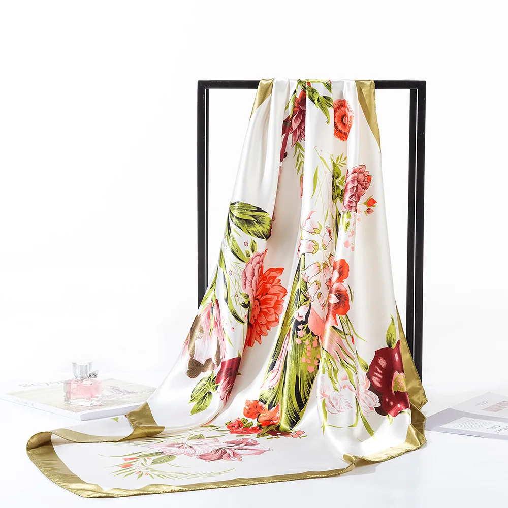 

Europe Square 90cm flower print Women Silk Scarf Fashion Bandanna Hijab Lady Wrap Headband muffler Christmas wedding gift