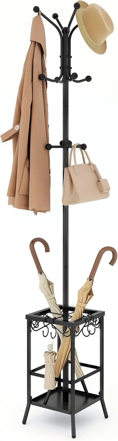 Coat Rack Freestanding, Entryway Hanger Stand, Umbrella Holder, Floor Standing Metal Tree Stand