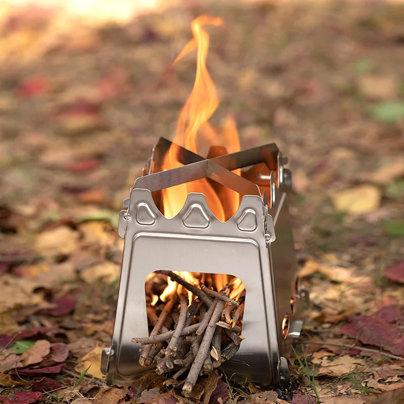 Portable Outdoor Wood Stove Direct-Burning Stainless Steel Card Stove for Camping BBQ Fishing Charcoal Fuel