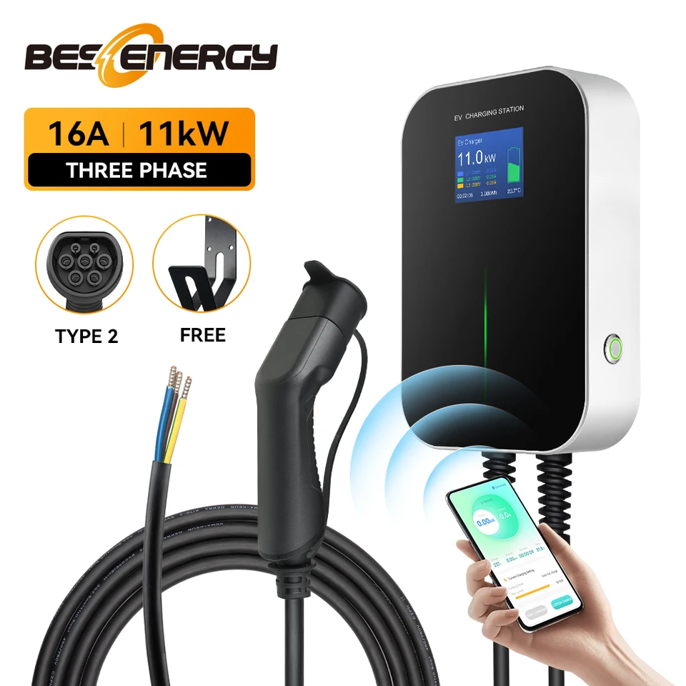 WIFI/Bluetooth Control EV Charging Station 16A 3Phase 11KW Wallbox Type2  Cable Plug 20Feet For IEC 62196 EU Standard APP Charger