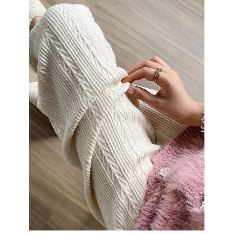 White Knitted Fabric Wide-Leg for Women Autumn 2024 New High Waist Drooping Idle Style Soft Glutinous All-Matching Casual Pants autumn winter new baby ear protection hat warm and cold resistant hat comfortable baby double ball soft glutinous headband hat